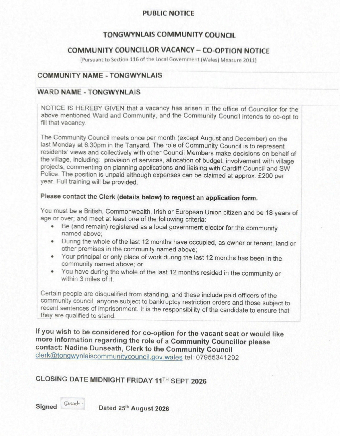 Notice of Community Councillor Vacancy